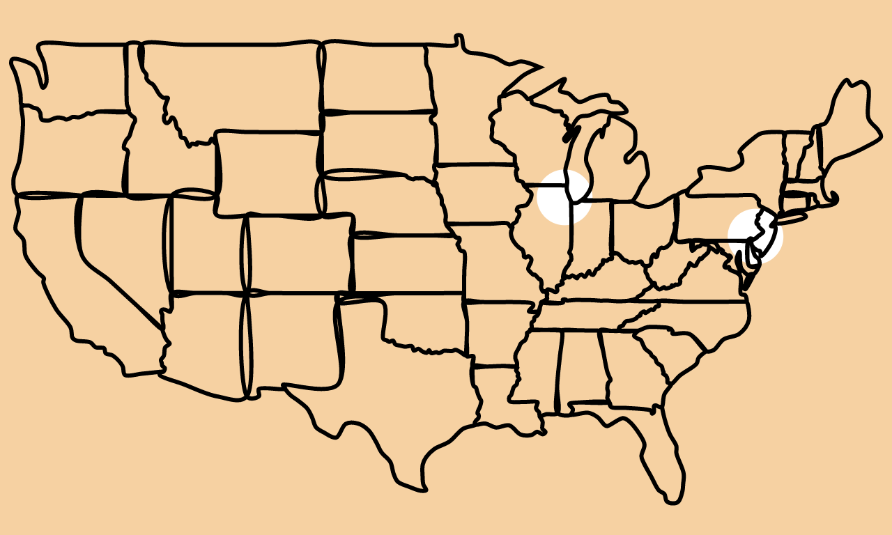 A map of the United States with dots over Chicago and Philadelphia.